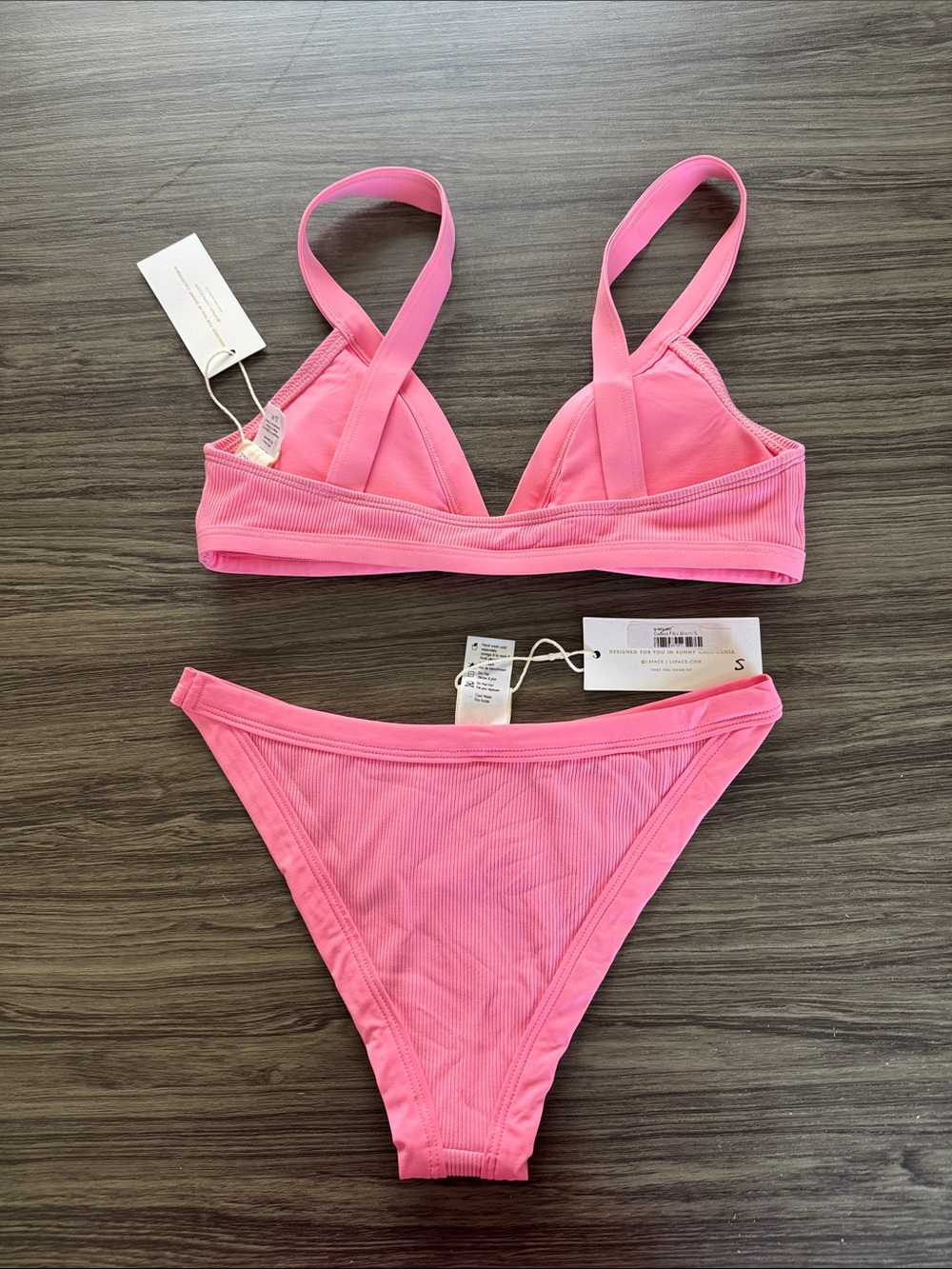 l*space Bright Pink Guava Ribbed Triangle Bikini Set - Picture 2 of 5